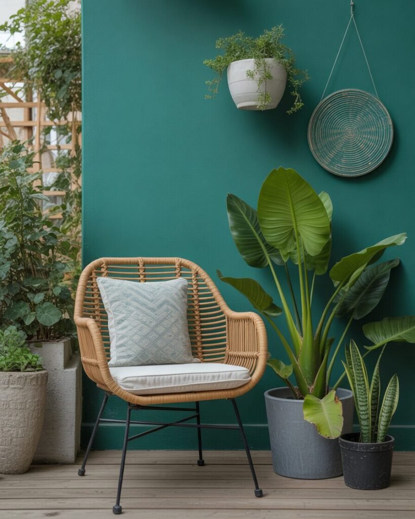 Rattan chair on teal boho balcony.
