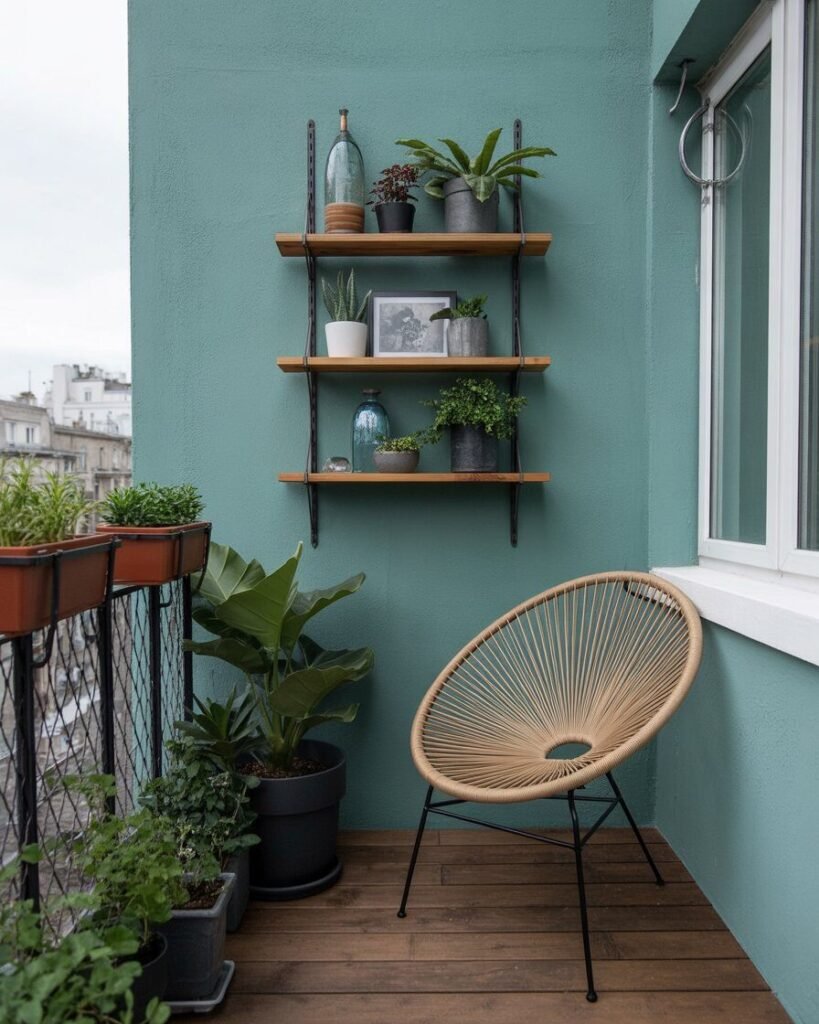 Vertical garden on teal boho balcony.