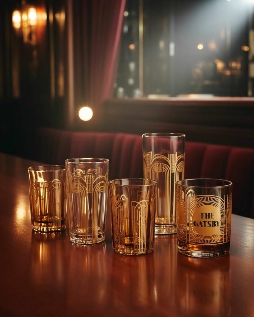 Amber Art Deco glassware set on autumn dining table.