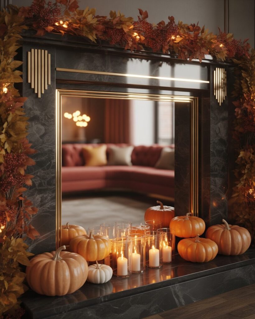 Art Deco fireplace styled with autumn mantel decor.