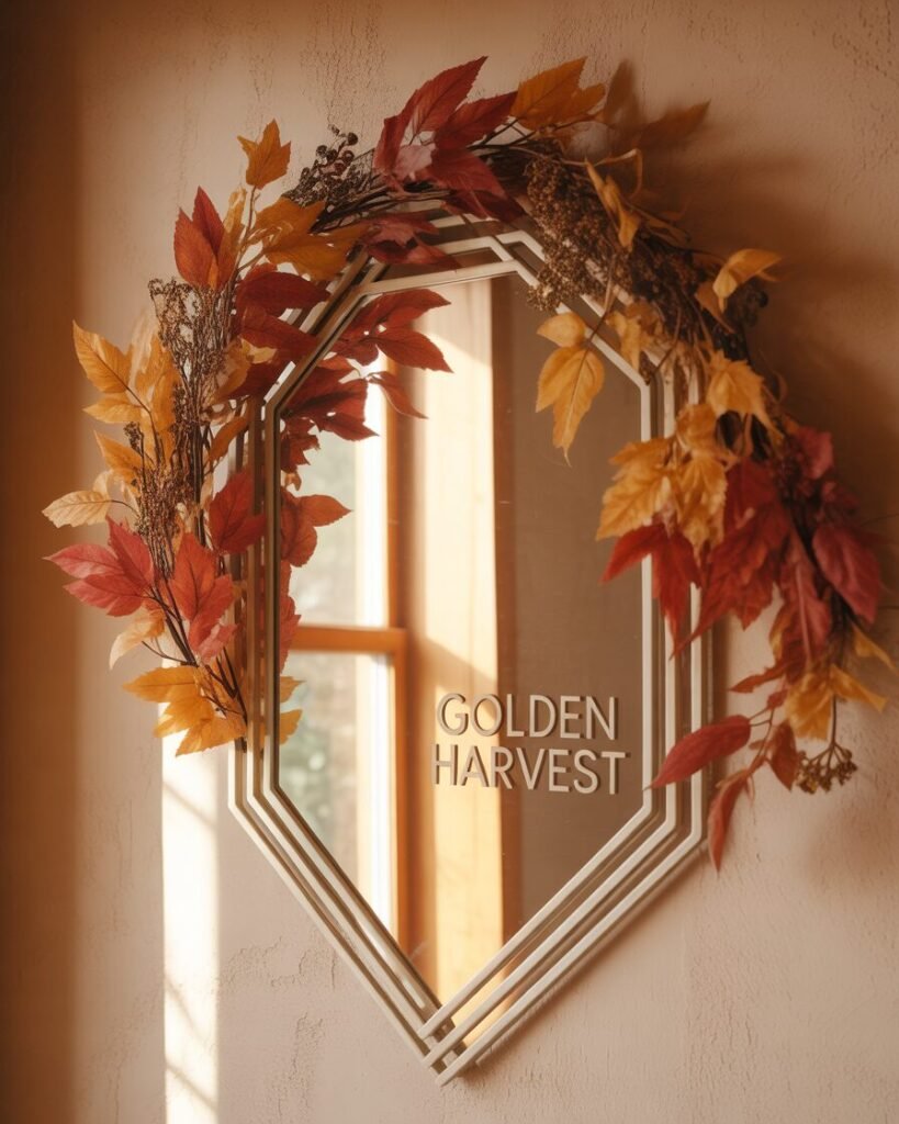 Geometric Art Deco mirror with autumn wreath.