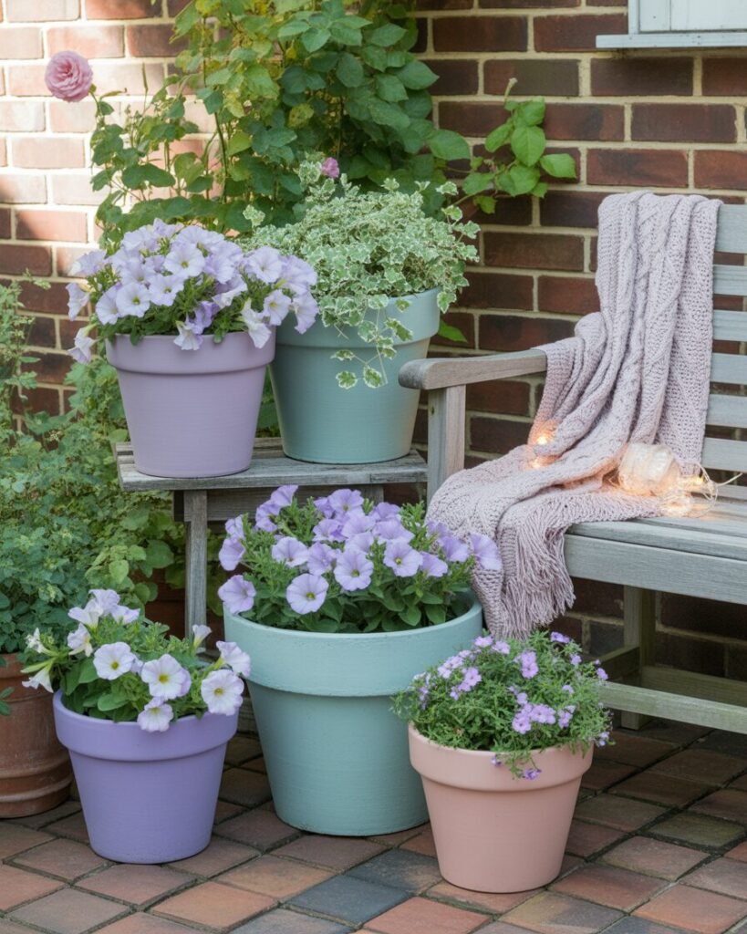 DIY painted terracotta pots in pastel colors.