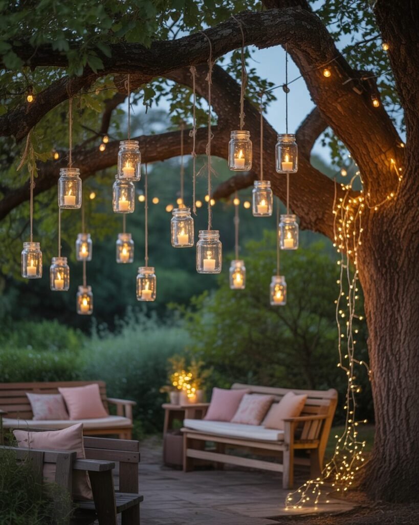 Mason jar lanterns glowing in garden at night.