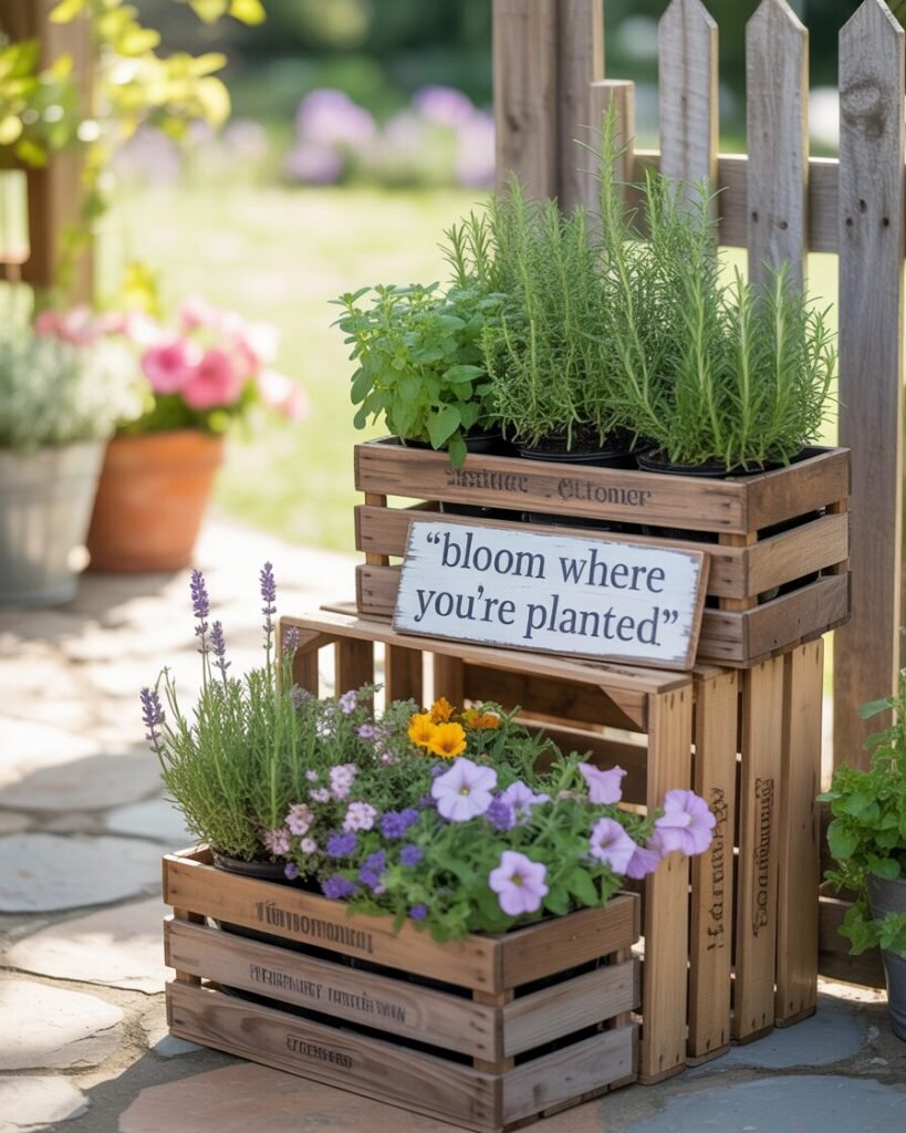 Wooden crates repurposed as planters with herbs.