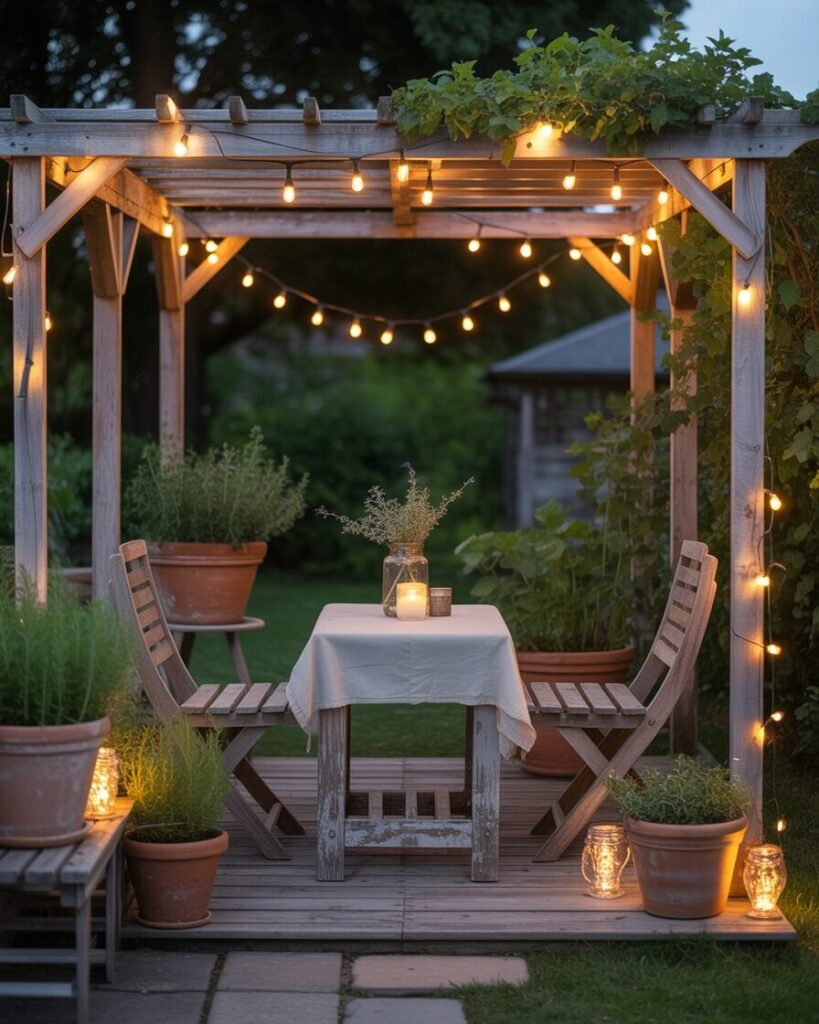 String lights decorating a garden patio.