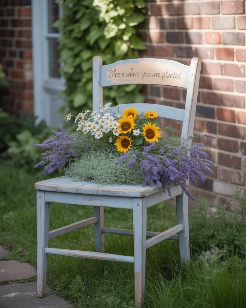 Vintage chair repurposed as a garden planter stand.