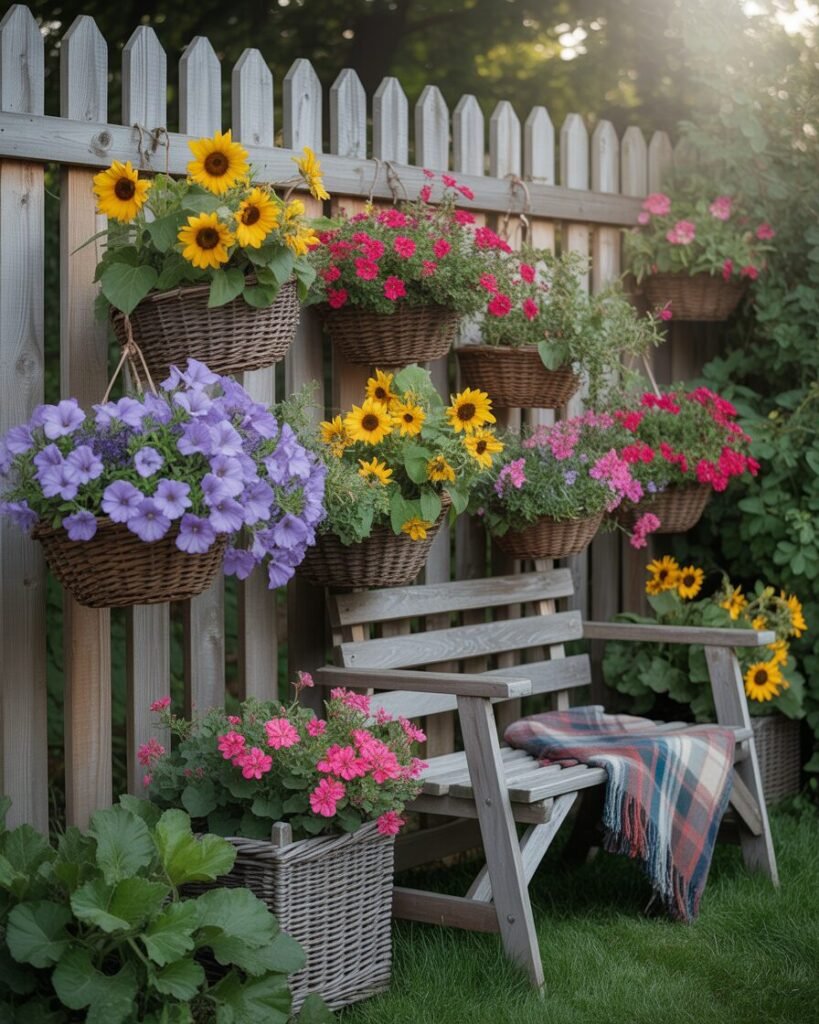 Hanging baskets with vibrant flowers in garden.