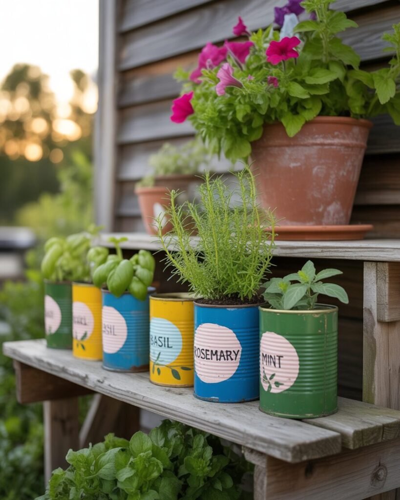 Painted tin cans turned into planters