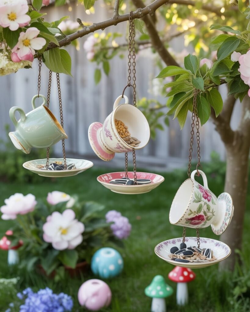 Teacup bird feeders hanging in garden.