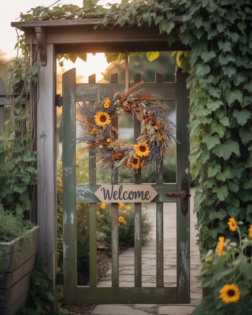 Seasonal wreath on garden gate.