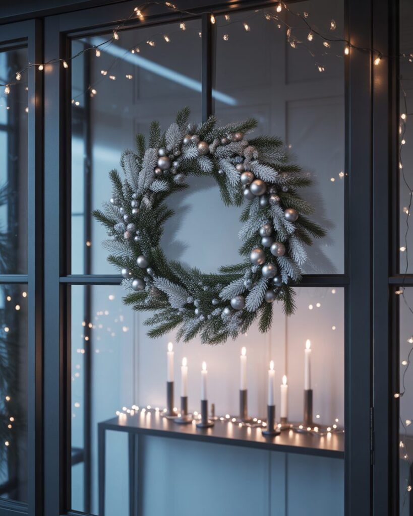 Modern glass Christmas entryway with frosted wreath.