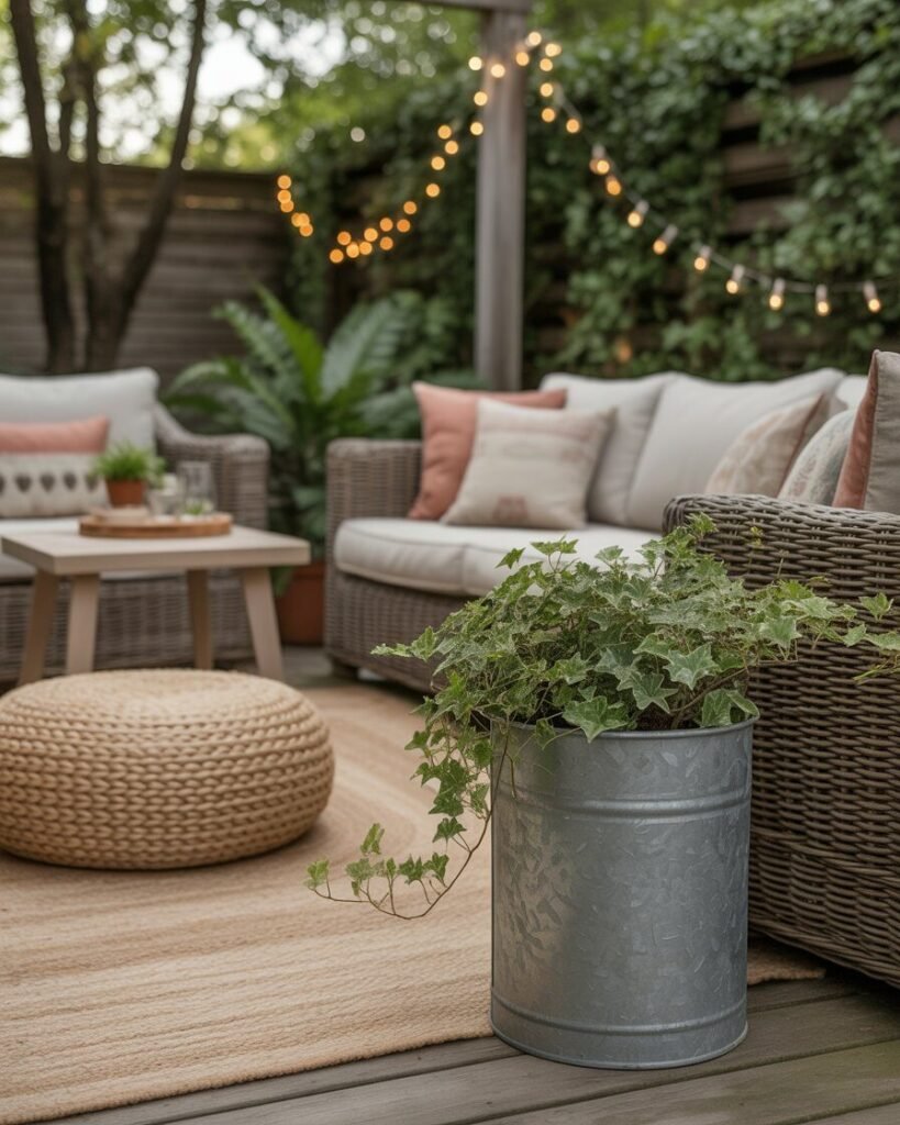 Outdoor seating area with natural fiber rug