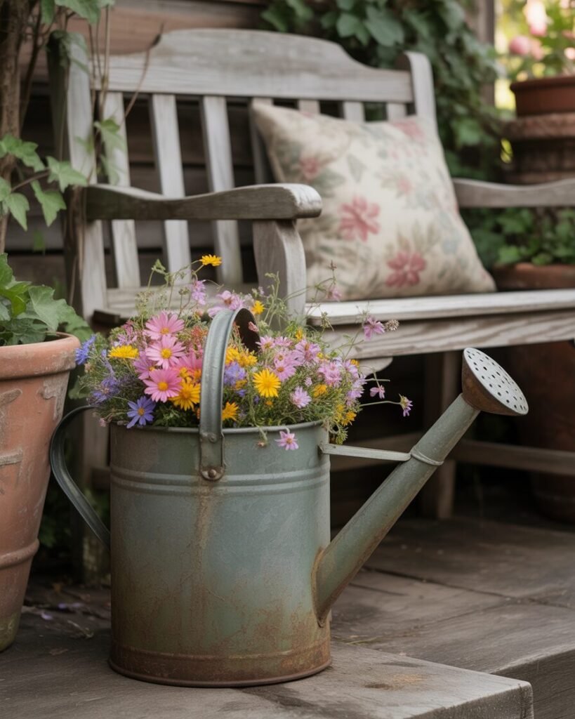 Vintage watering can repurposed as flower planter.