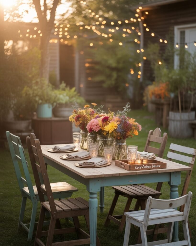 Budget outdoor dining setup in backyard.