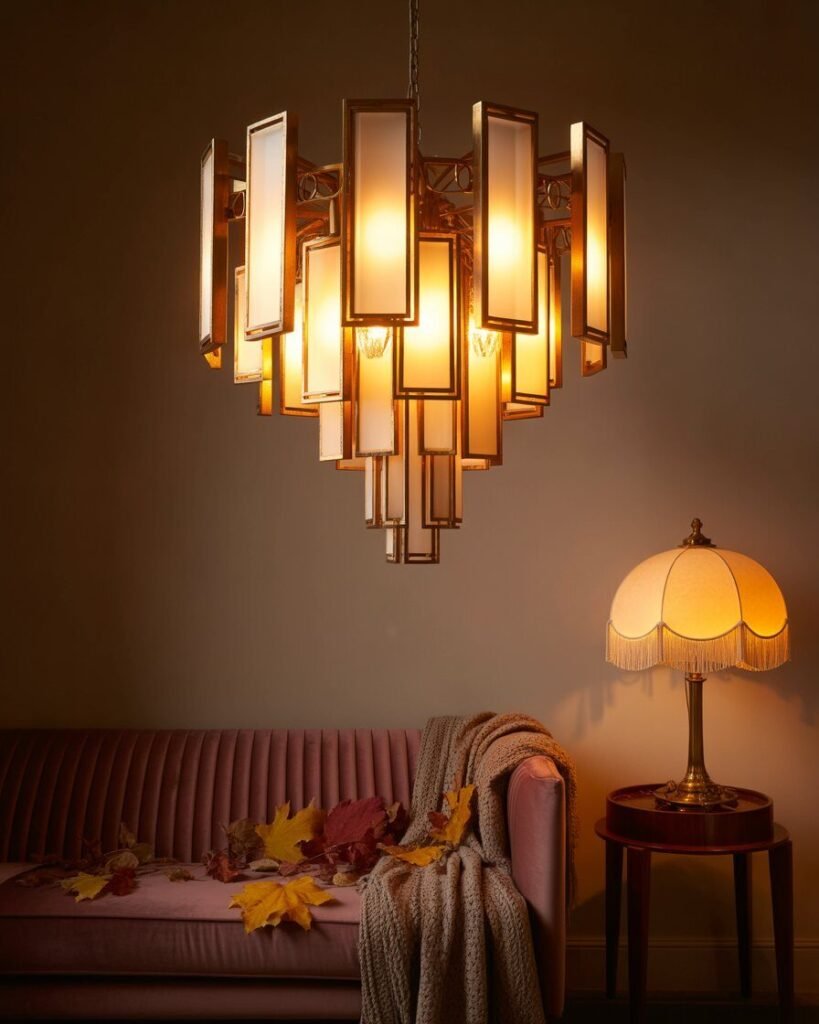 Art Deco chandelier casting warm autumn light.