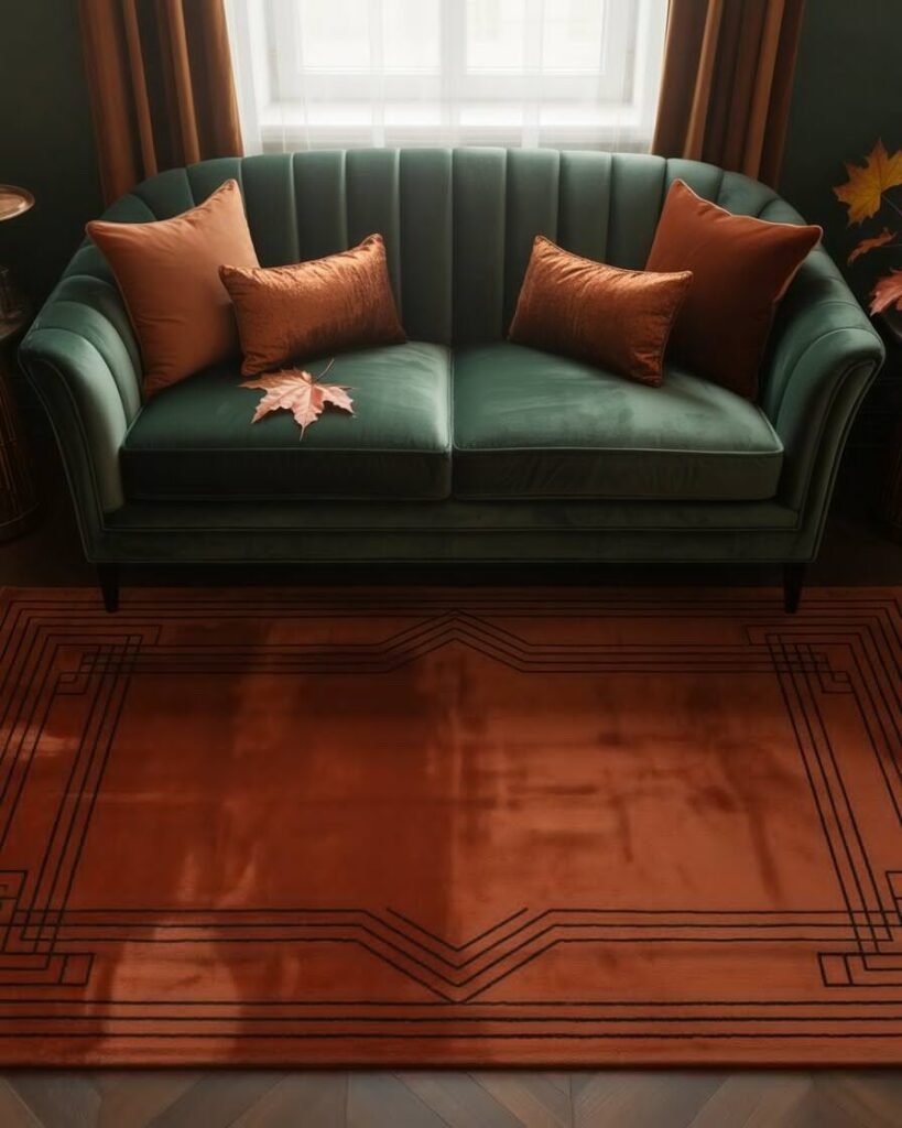 Burnt orange Art Deco rug in cozy autumn living room.