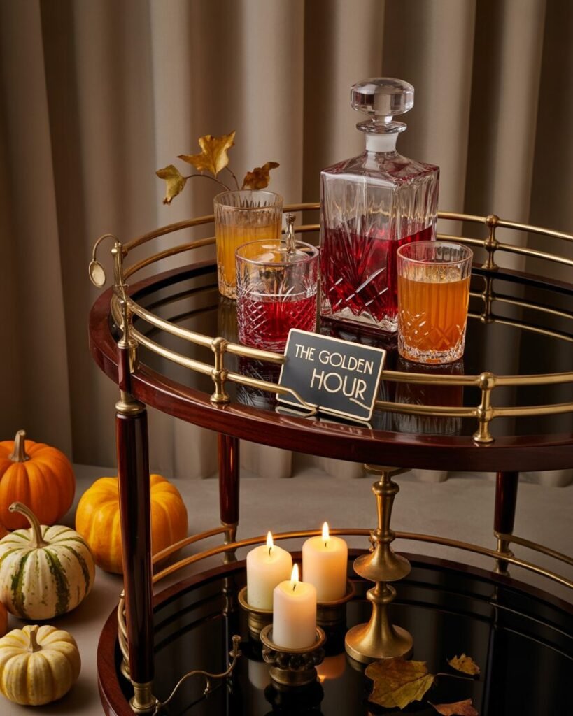 Art Deco bar cart styled with crystal decanters and autumn cocktails.