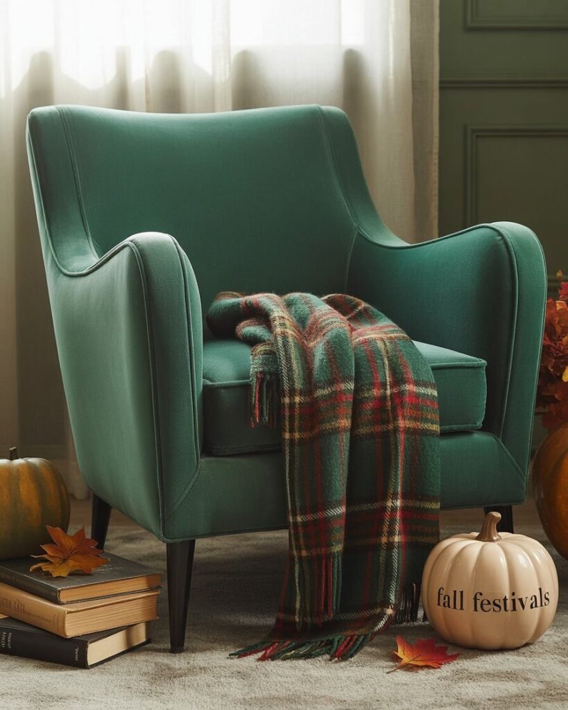 Velvet Art Deco armchair with autumn throw blanket.