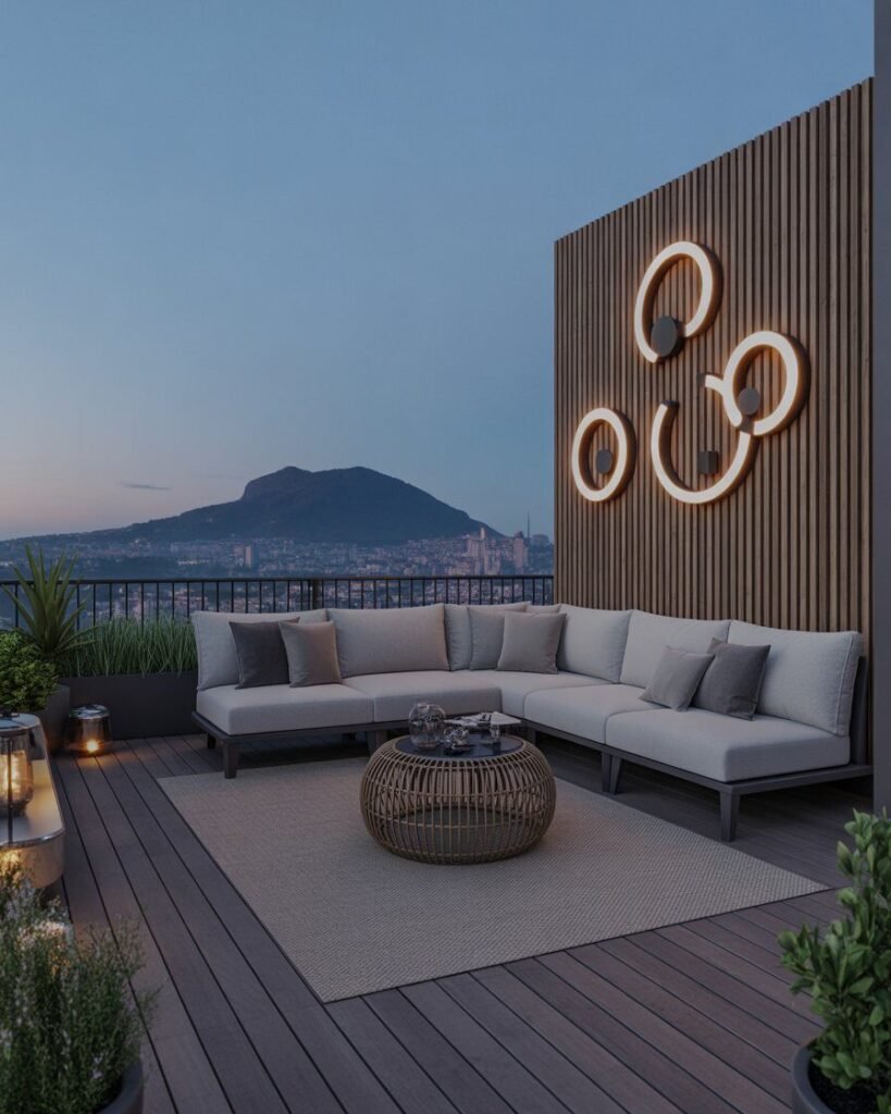 modern balcony terrace, luxury balcony design, outdoor sectional sofa balcony, balcony ideas 2025.