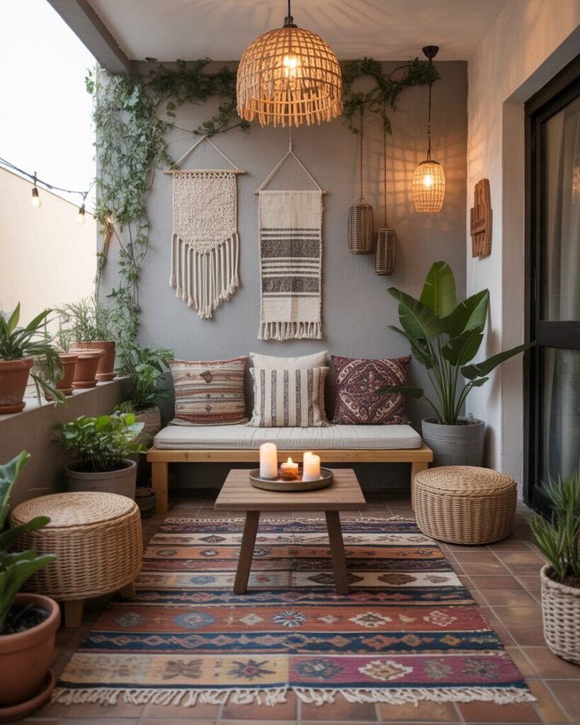 boho balcony decor, colorful balcony ideas, small balcony makeover 2025, eclectic outdoor balcony.
