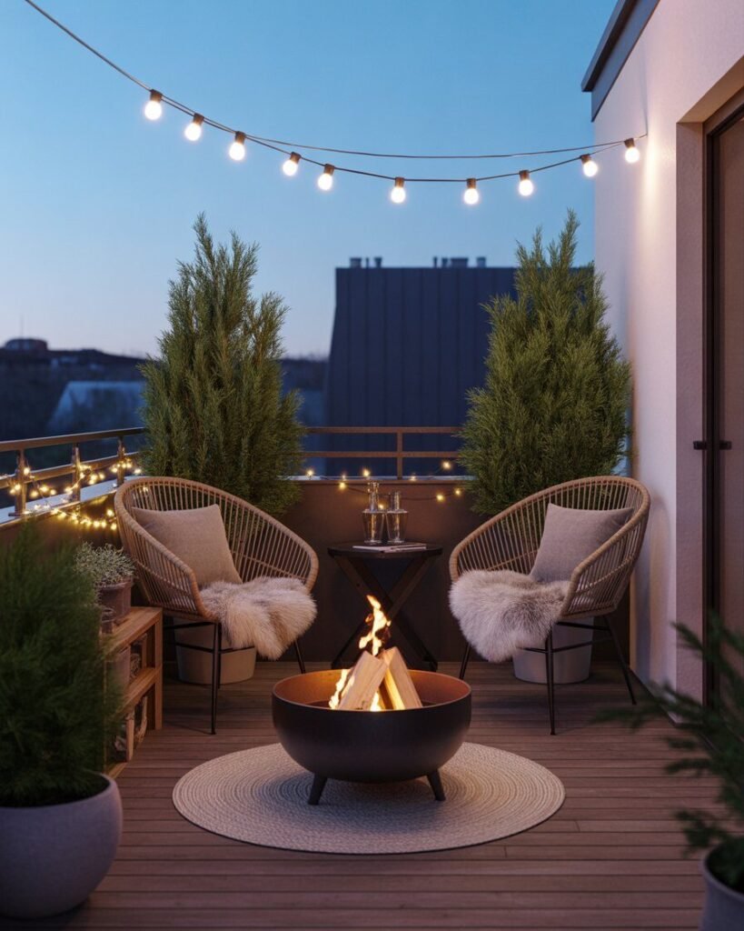cozy balcony design, balcony fire pit ideas, warm outdoor balcony 2025, balcony inspiration UK.