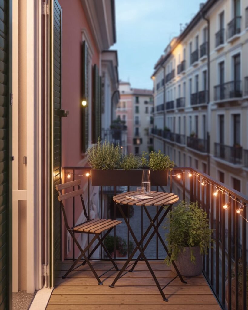 small balcony ideas 2025, balcony coffee corner, compact outdoor balcony, bistro balcony UK Europe.