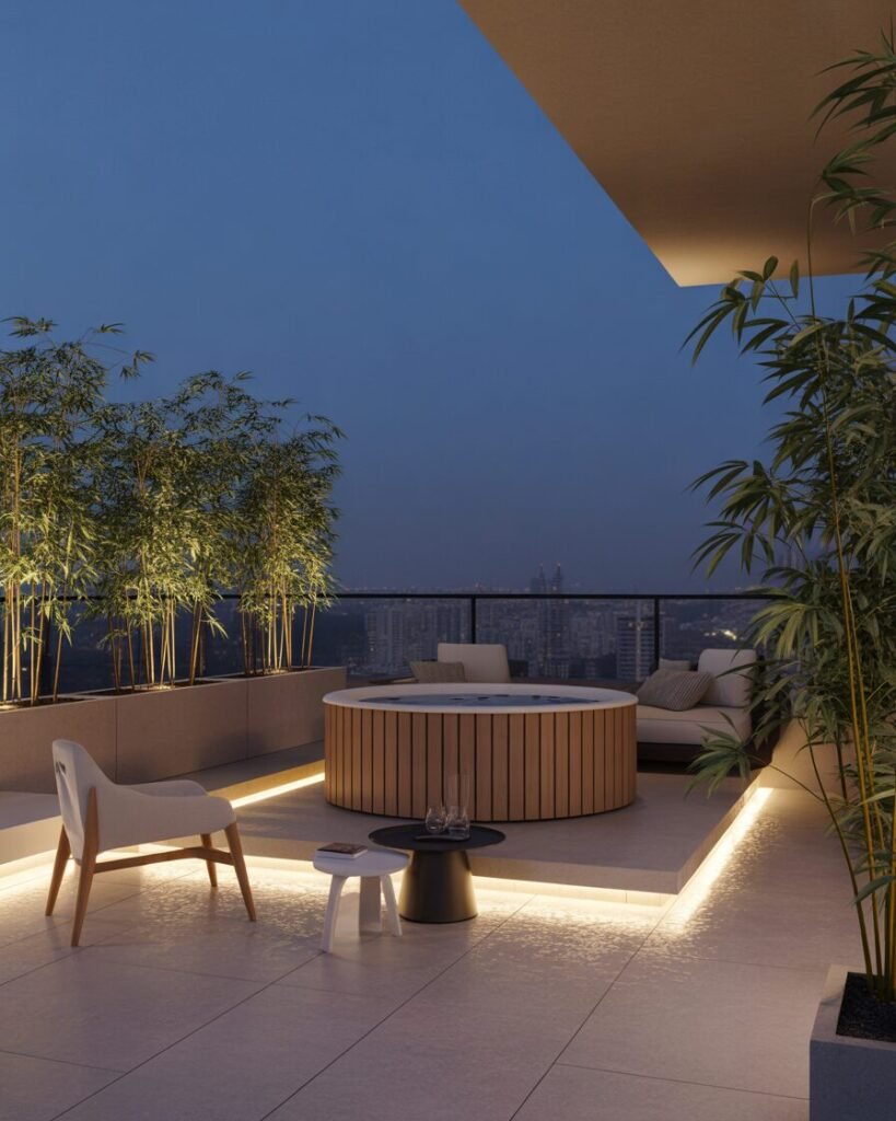 luxury balcony 2025, balcony spa ideas, outdoor hot tub balcony, modern terrace design.
