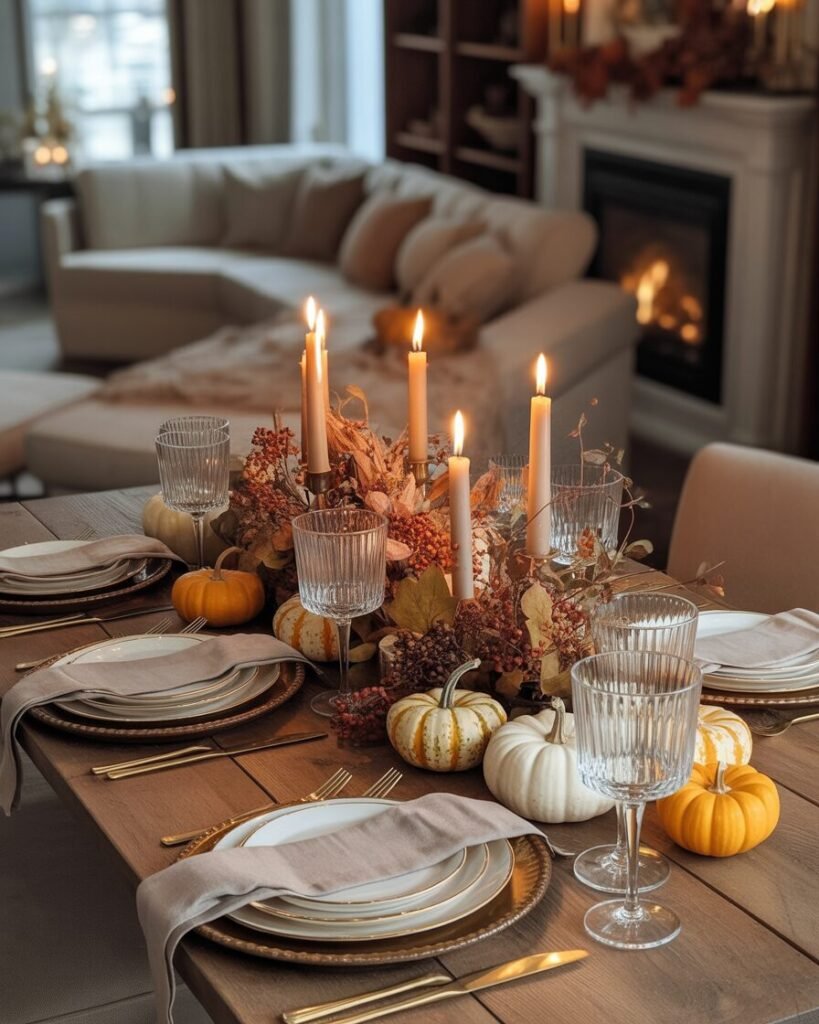 Gold-rimmed Art Deco dinnerware styled for autumn table.