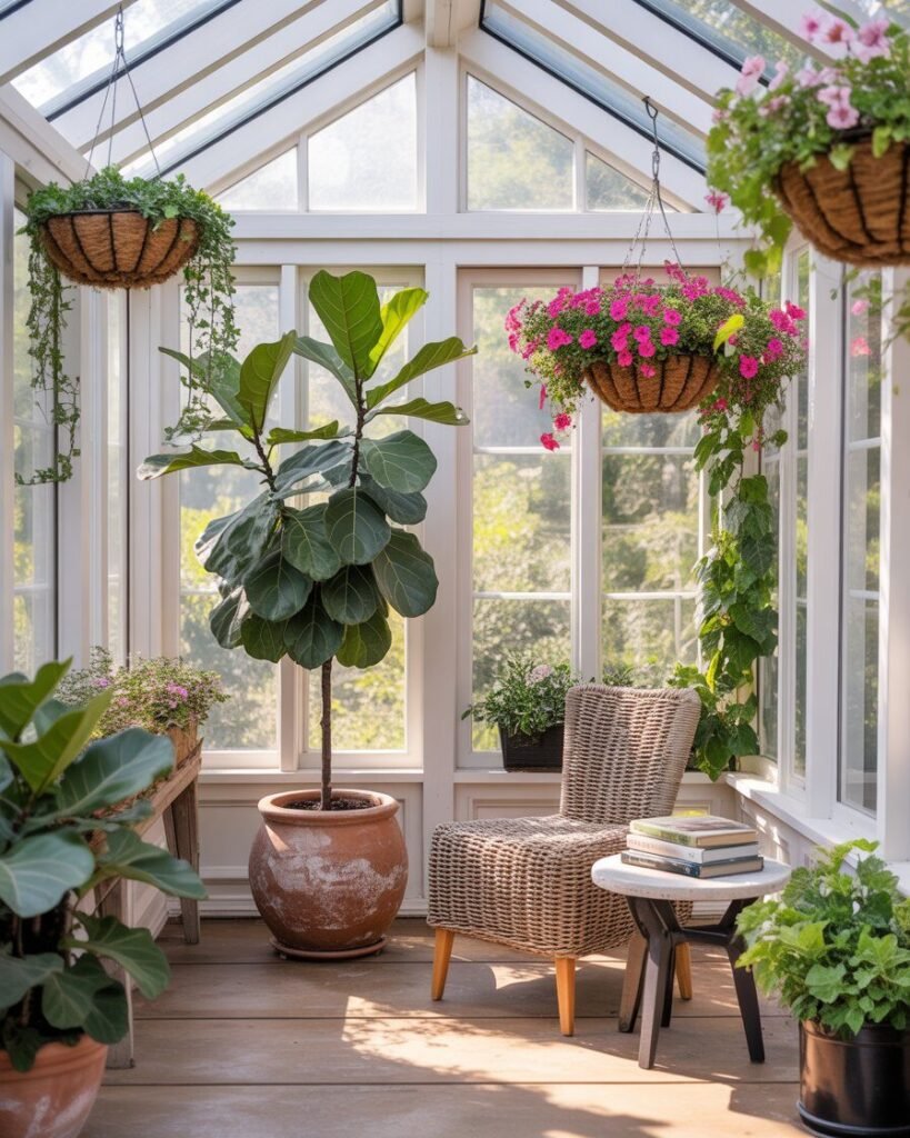 Plants in three-season sunroom