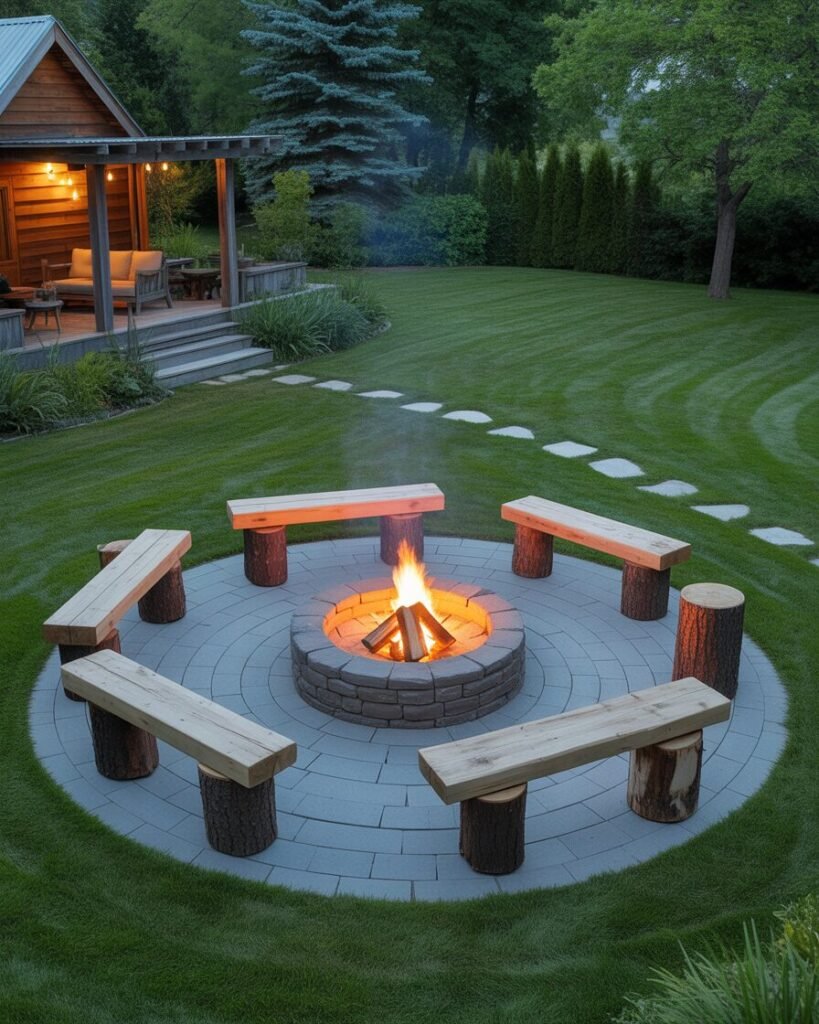 rustic fire pit ideas, garden fire pit UK, countryside backyard fire pit