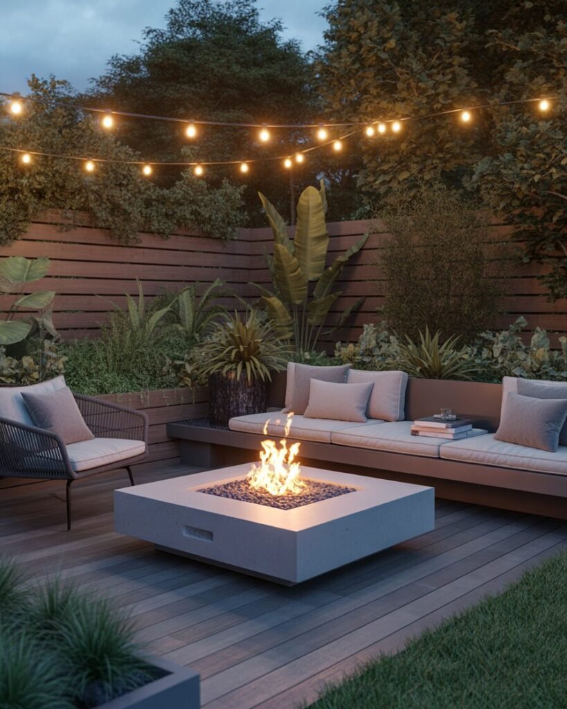 modern backyard fire pit USA, patio fire pit setup, garden decking fire pit UK