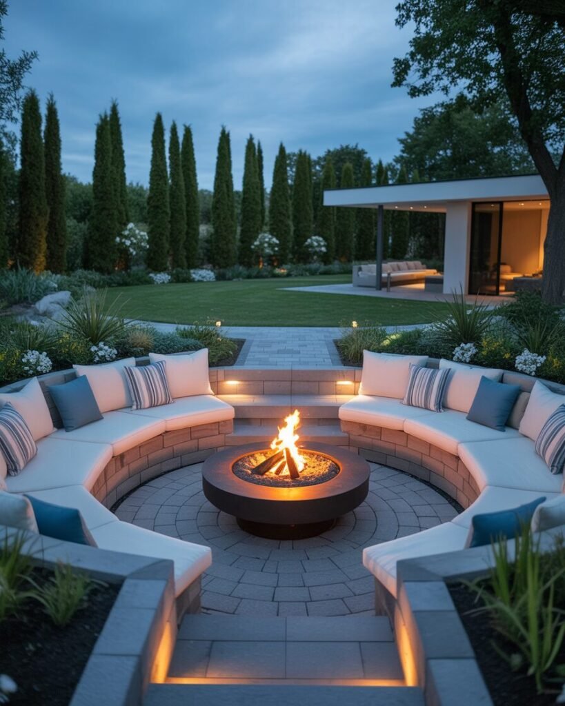 sunken fire pit ideas, luxury backyard fire pit USA, garden seating fire pit UK