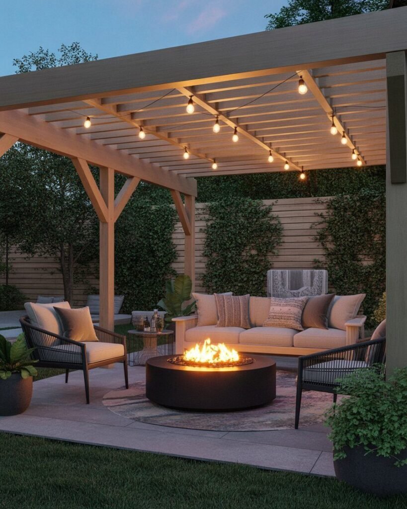 pergola fire pit setup, backyard patio fire pit USA, small garden fire pit UK