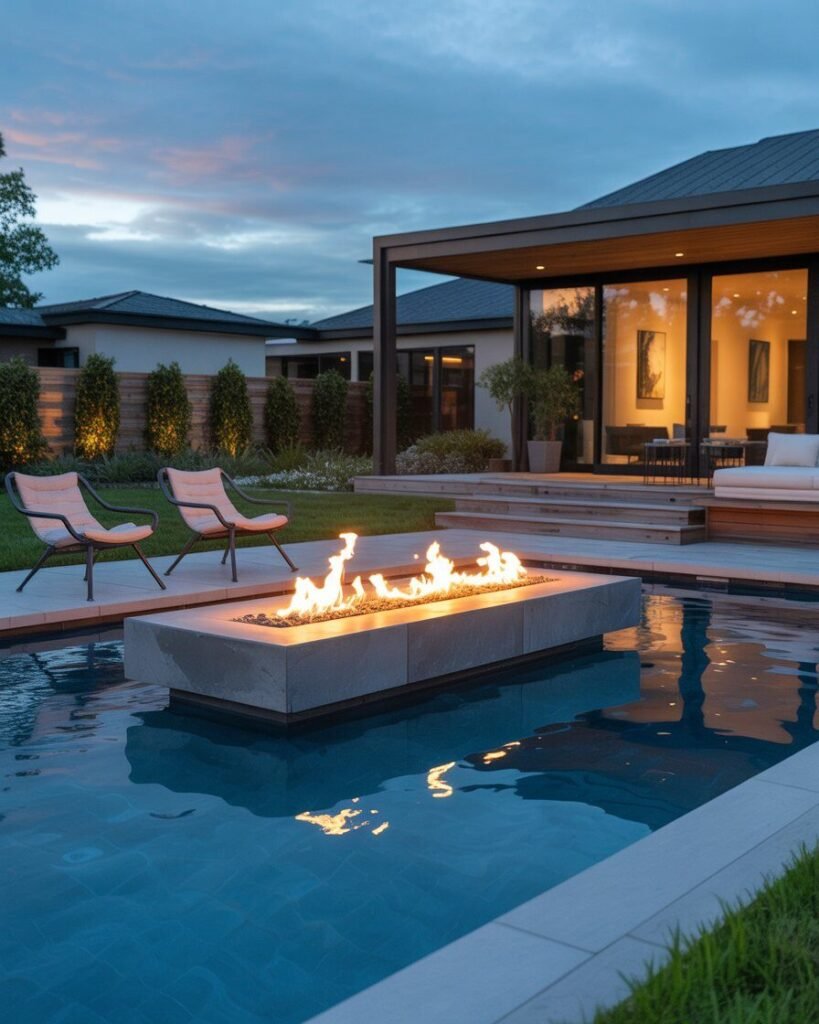 poolside fire pit USA, luxury garden fire pit UK, modern outdoor fire pit ideas