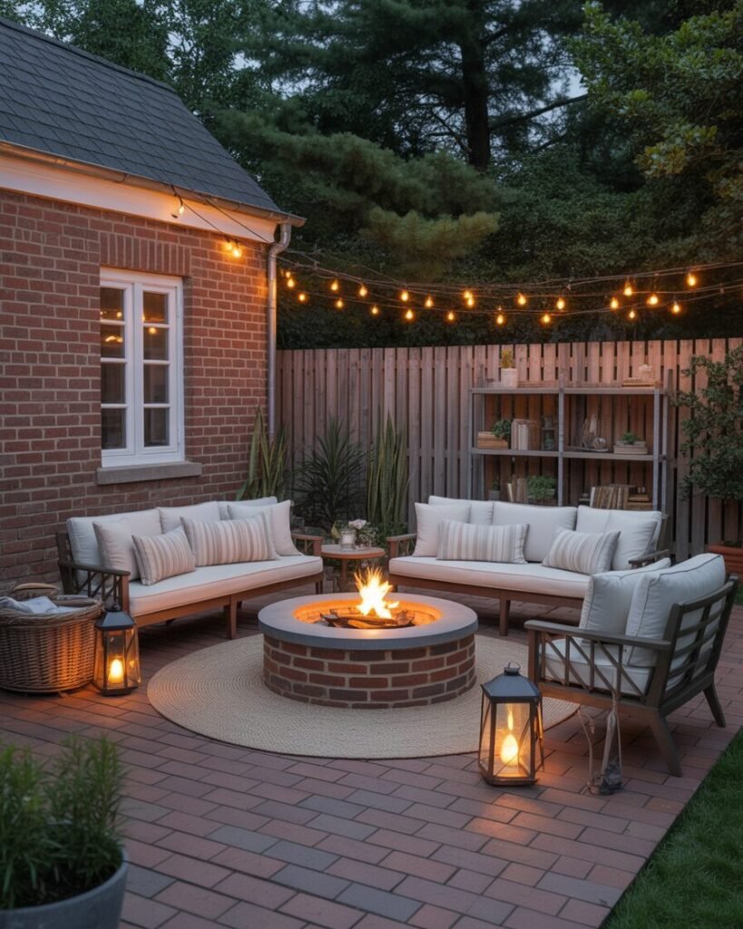 patio fire pit setup UK, outdoor seating fire pit USA, brick fire pit ideas