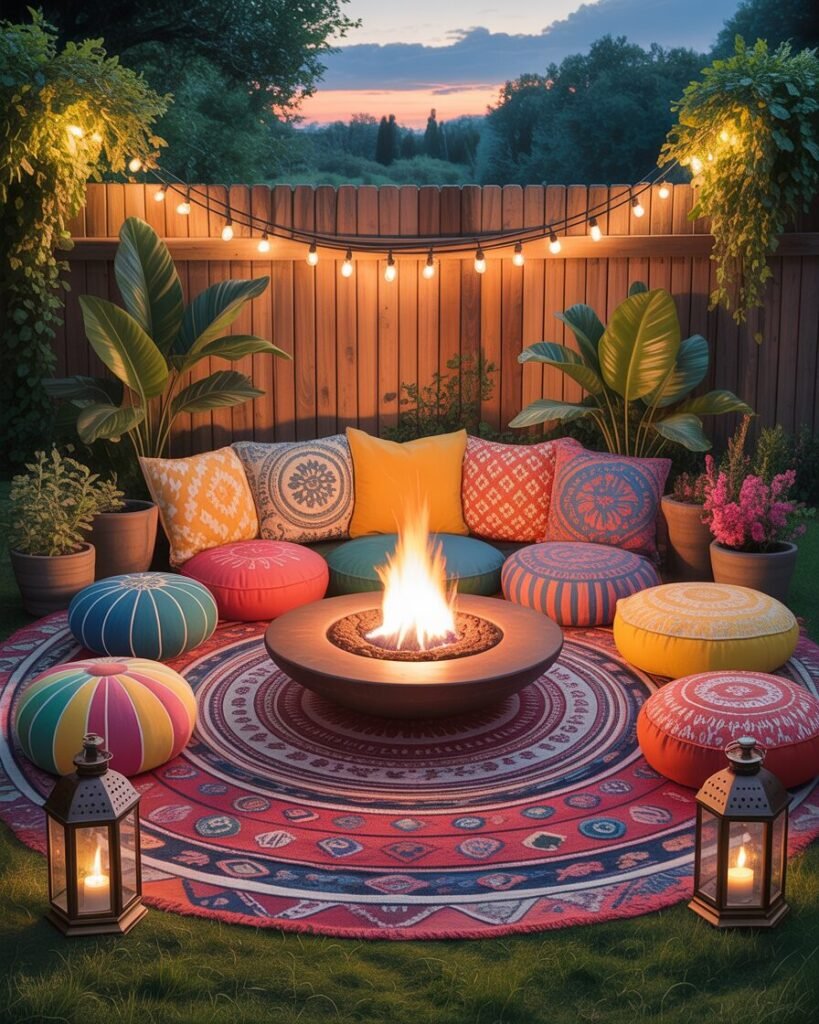 bohemian backyard fire pit USA, cozy garden fire pit UK, outdoor fire pit seating ideas