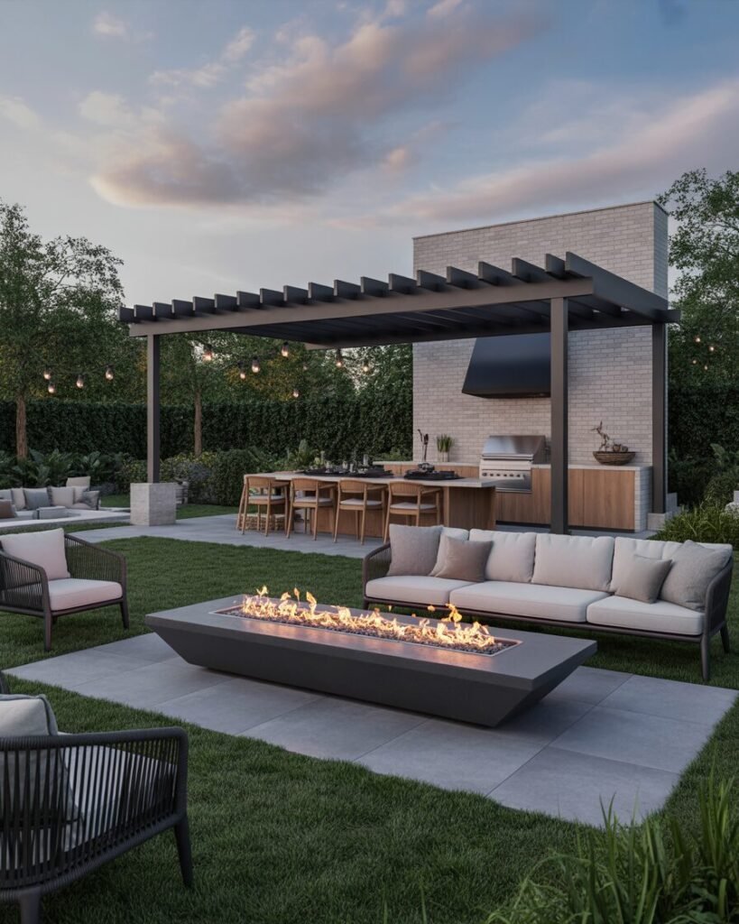 luxury outdoor fire pit inspiration USA, best fire pit for garden UK, backyard dining fire pit setup