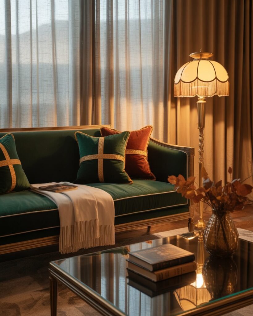 Velvet cushions in autumn colors on an Art Deco sofa.