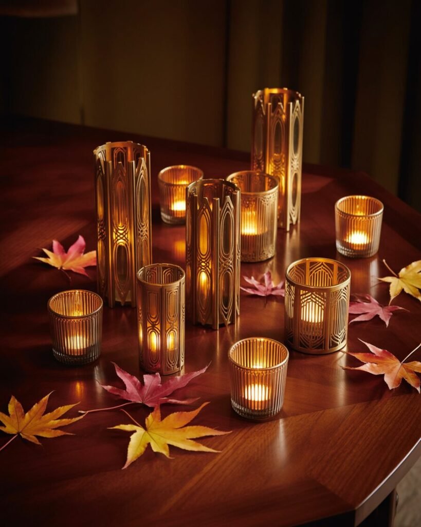 Brass candle holders styled with fall accents.