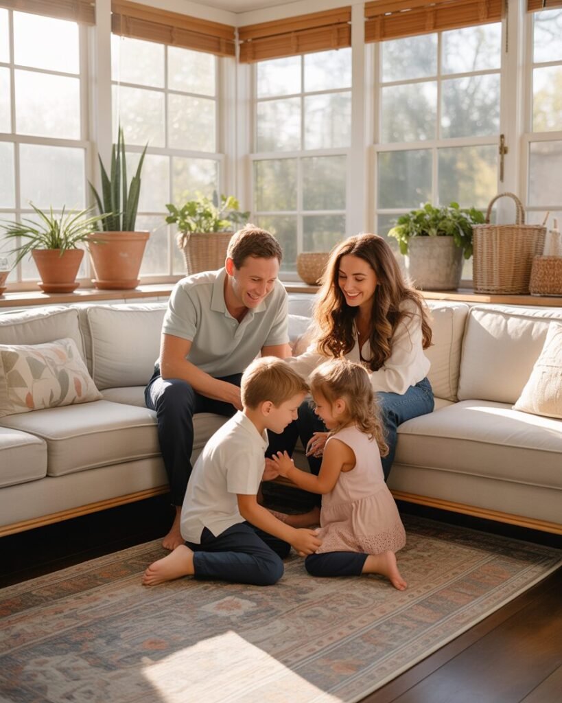 Family in three-season sunroom