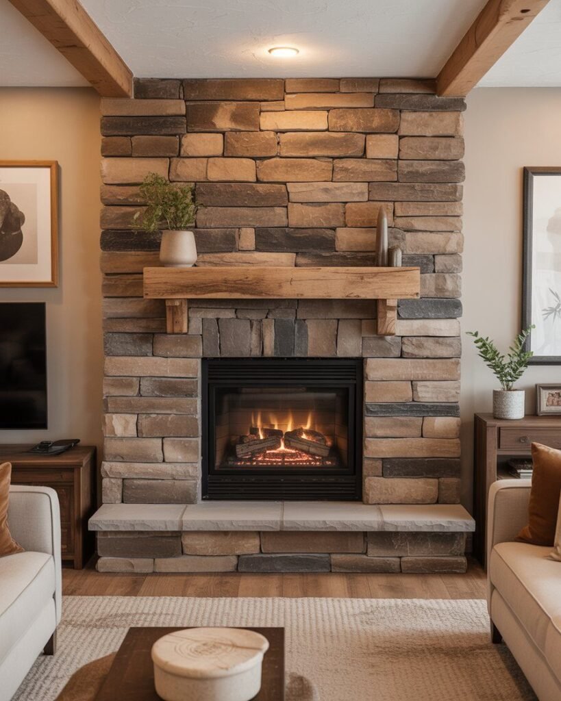 A basement fireplace with a full stone cladding surround, giving a rustic cabin feel.