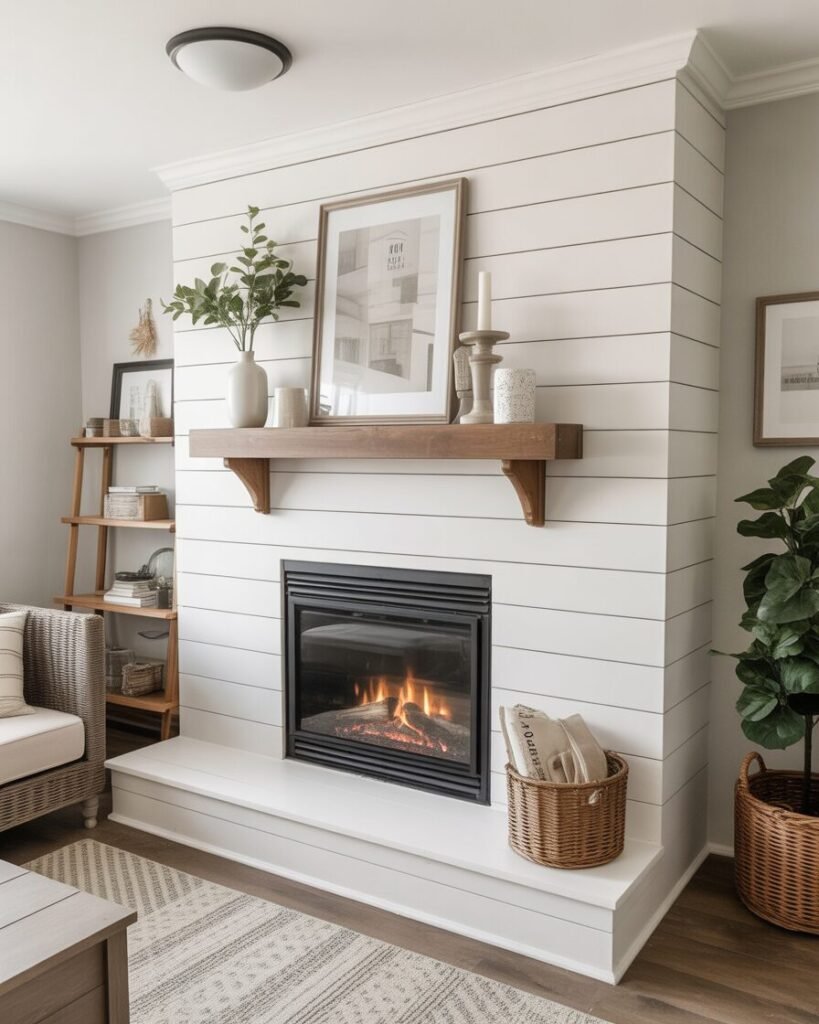 A fireplace in a basement with a white shiplap surround from floor to ceiling.
