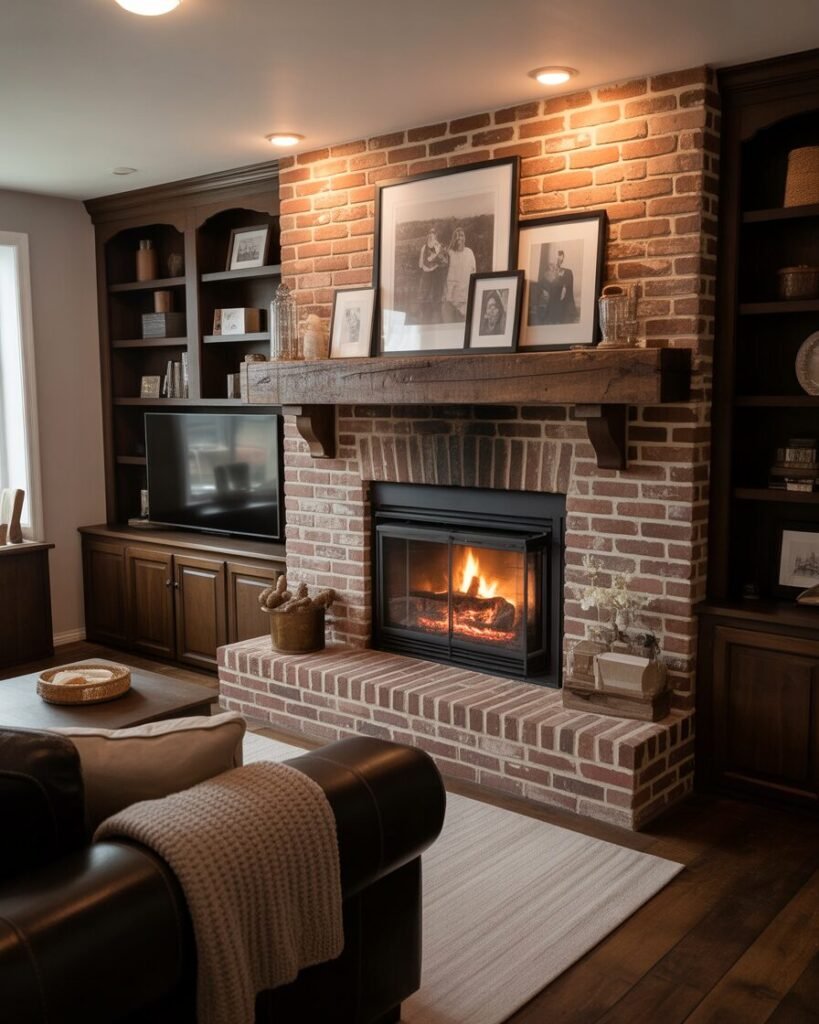 A basement fireplace with an exposed red brick surround, creating an industrial aesthetic.