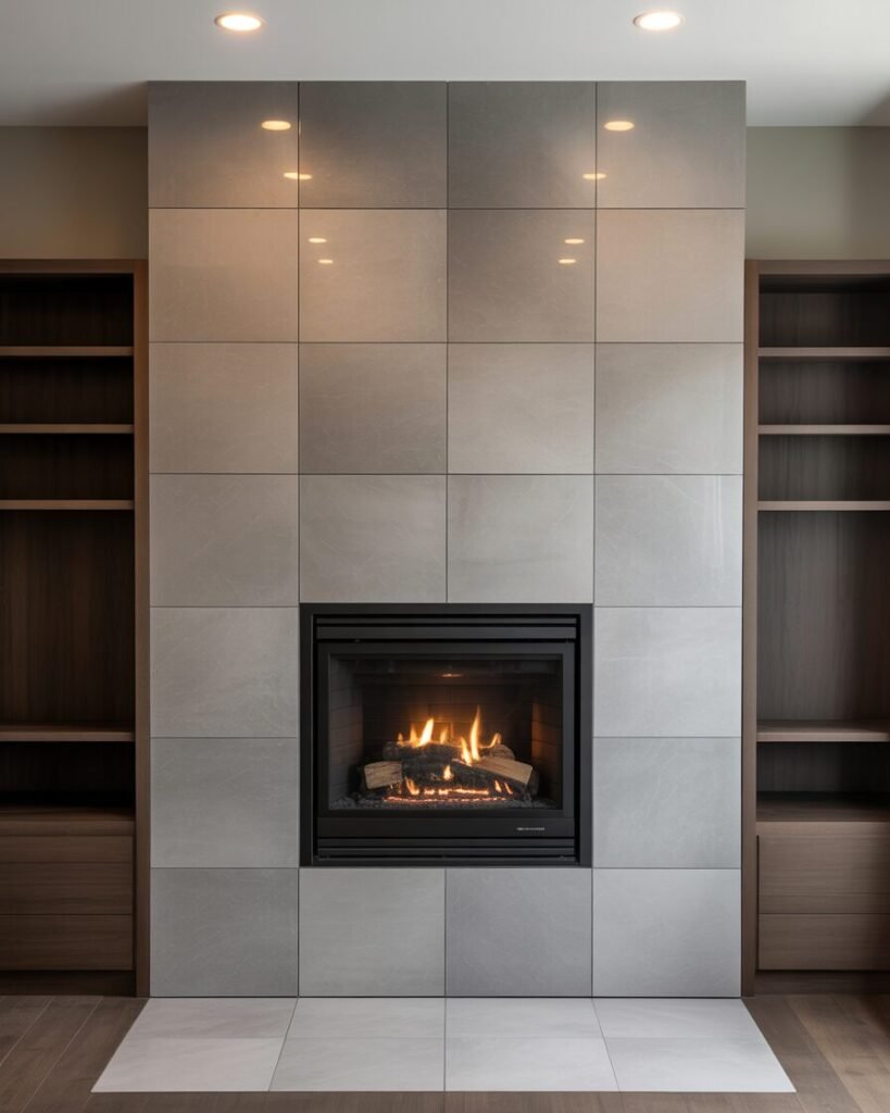 A contemporary basement fireplace surrounded by large, neutral-colored tiles from floor to ceiling.