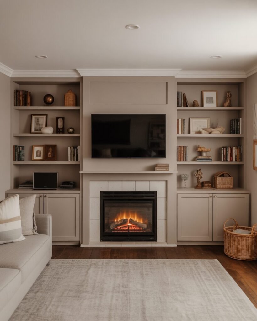 A basement living room with a fireplace and custom built-in shelving on both sides.