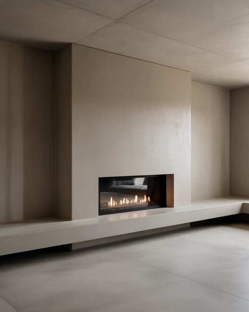 A minimalist basement fireplace with a sleek, light gray concrete surround.