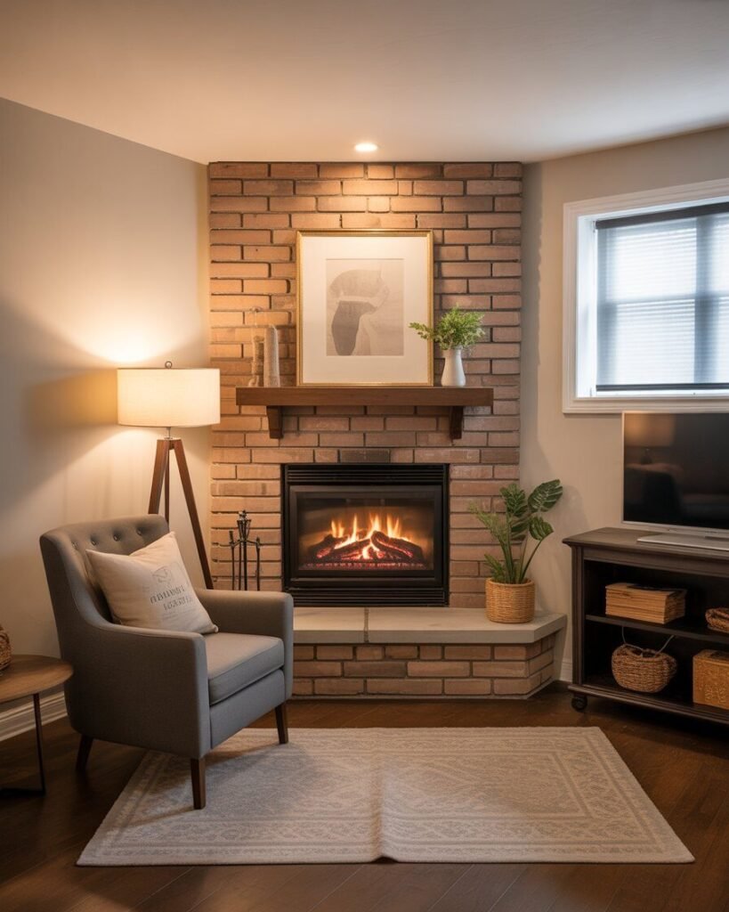 A small basement living area with a fireplace built into the corner.