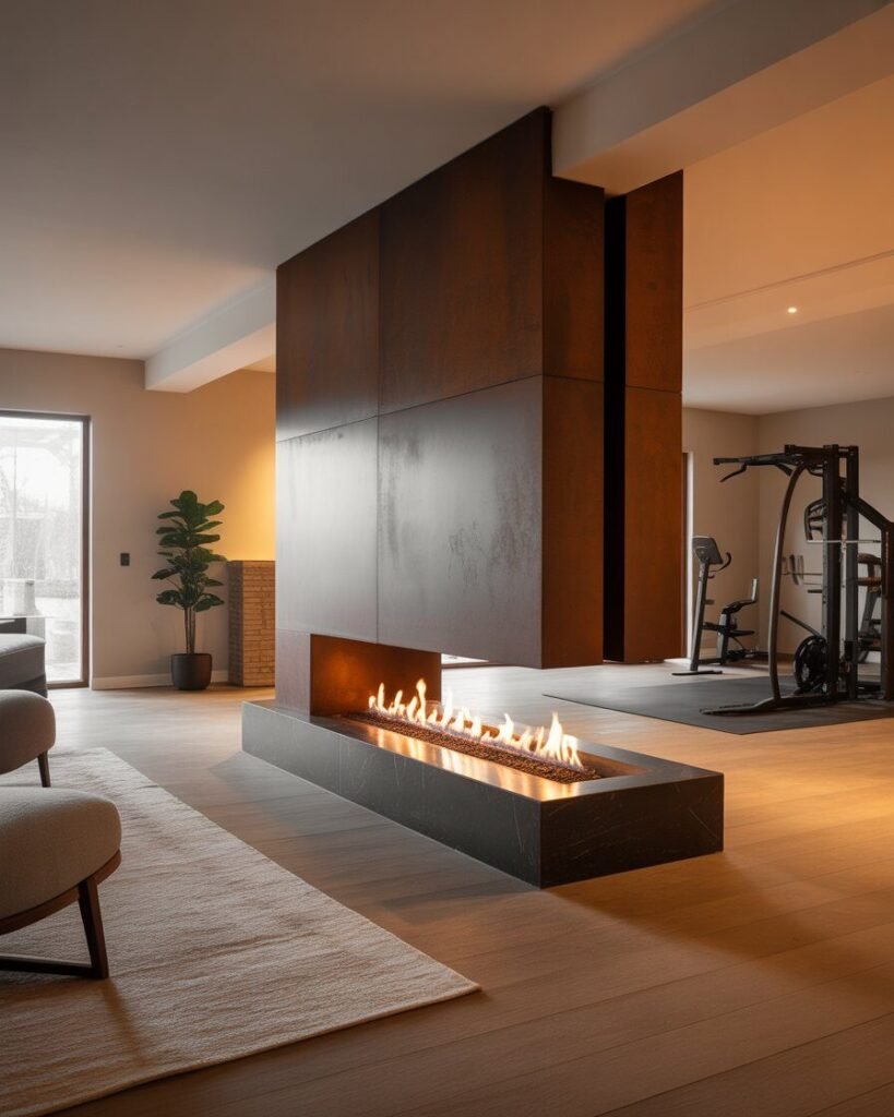 A modern, two-sided gas fireplace serving as a room divider in a basement.