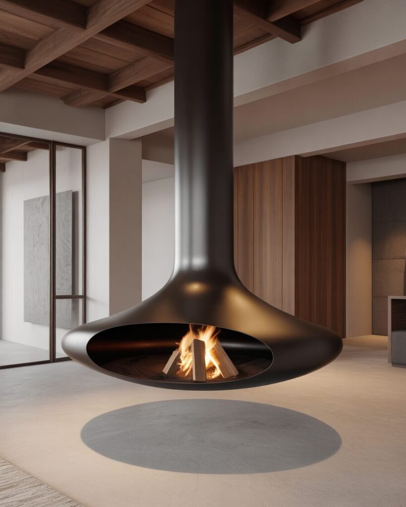 A modern, hanging fireplace suspended from the ceiling in an open-concept basement.