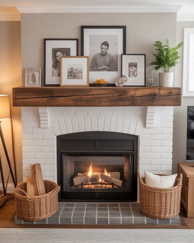 A basement fireplace with a thick, rustic wood mantelpiece for decor.